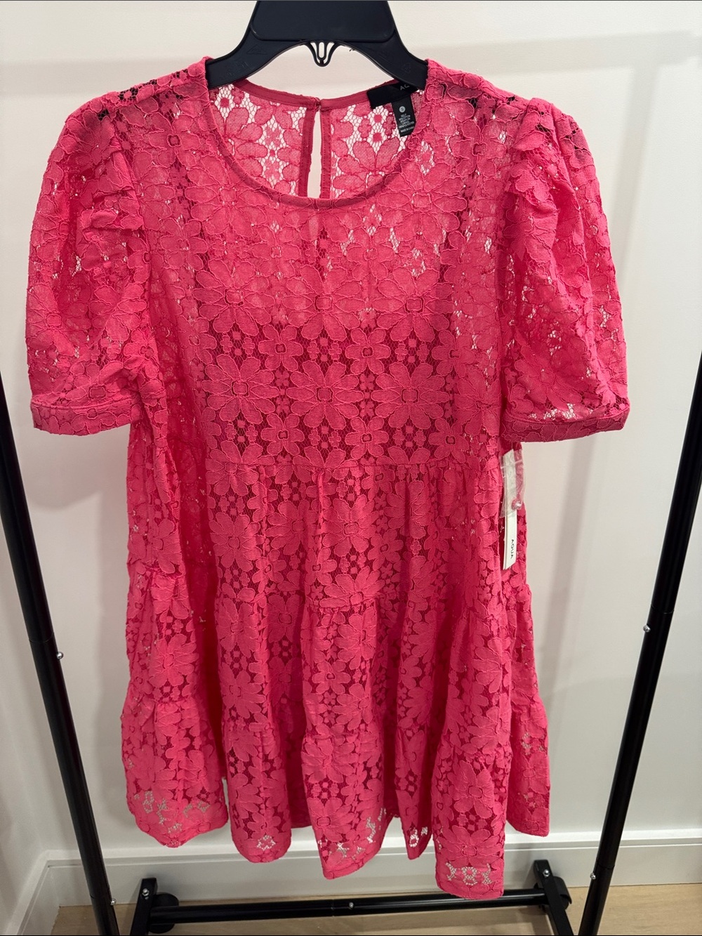 Aqua Hot Pink Lace Tiered Puff-Sleeve Tunic